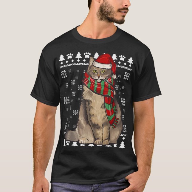 Norwegian Forest Cat Santa Hat Xmas Ugly Christmas T-Shirt (Front)