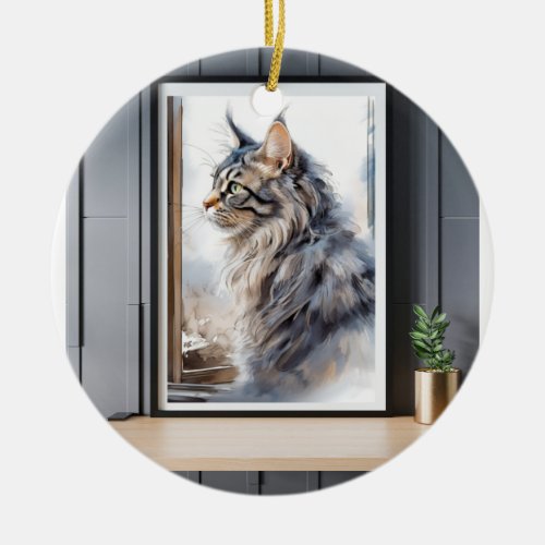 Norwegian Forest cat staring at the window Ceramic Ornament