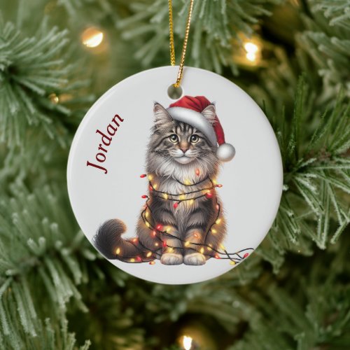 Norwegian Forest Cat Wrapped in Lights Christmas Ceramic Ornament