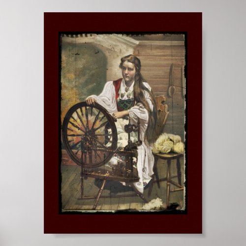 Norwegian Girl a Spinning Wheel Poster