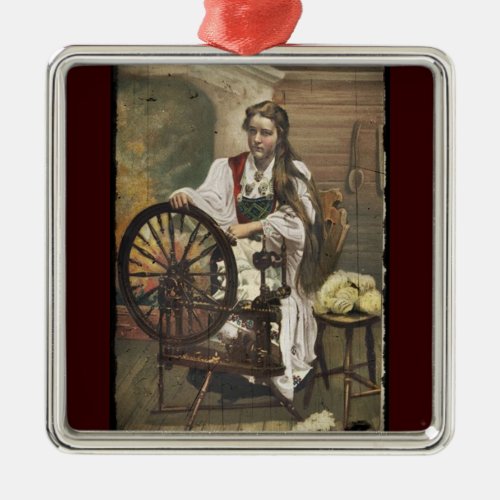 Norwegian Girl at a Spinning Wheel Metal Ornament
