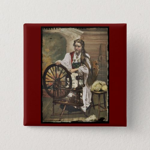 Norwegian Girl at a Spinning Wheel Pinback Button