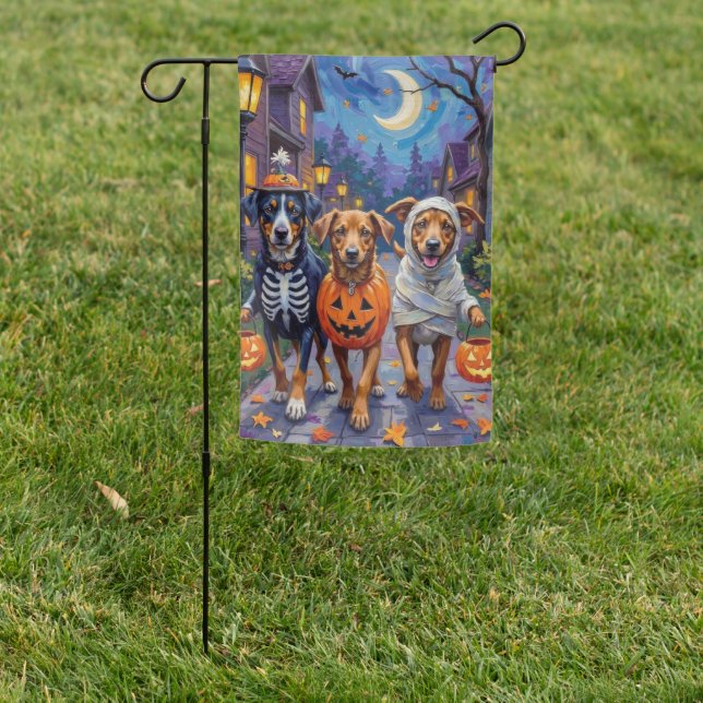 Norwegian Lundehund Trick-or-Treating Halloween Garden Flag (In SItu)