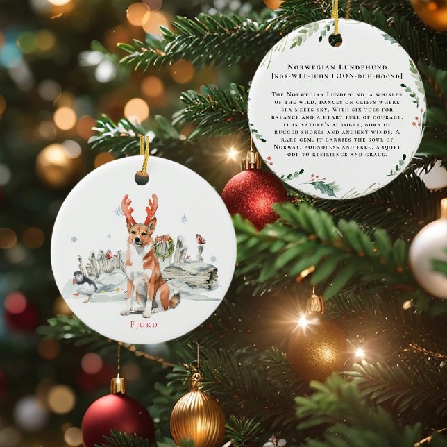 Norwegian Lundehund Watercolor Dog | Monogram Ceramic Ornament (Creator Uploaded)