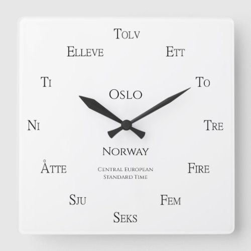 Norwegian Numbers Custom City Country Time Zone Square Wall Clock