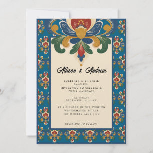 Norwegian Rosemaling   Blue Wedding Invitation