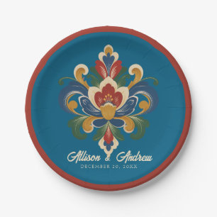 Norwegian Rosemaling Blue Wedding Paper Plates