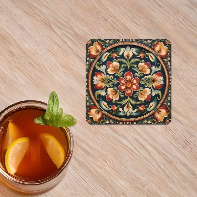 Norwegian Rosemaling Decorative Folk Art Square Paper Coaster (Creator Uploaded)