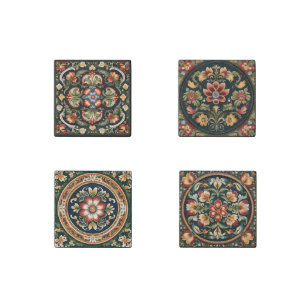 Norwegian Rosemaling Decorative Set of 4 Stone Magnet