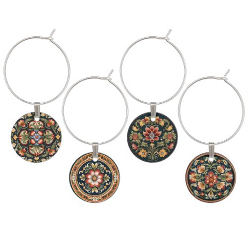 Norwegian Rosemaling Decorative Set of 4 Wine Charm