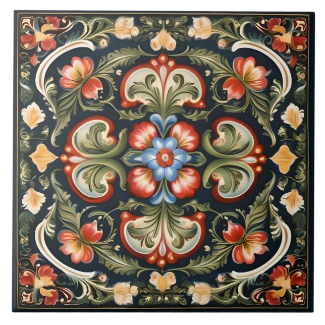 Norwegian Rosemaling Decorative Tile 2 (Front)