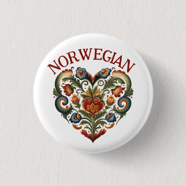 Norwegian Rosemaling Folk Art Heart  Button (Front)
