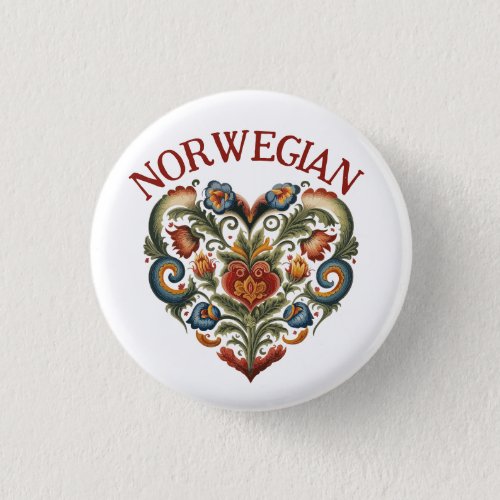 Norwegian Rosemaling Folk Art Heart  Button
