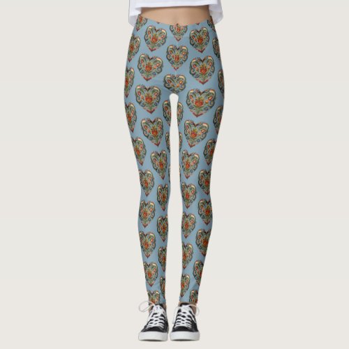 Norwegian Rosemaling Folk Art Heart Leggings