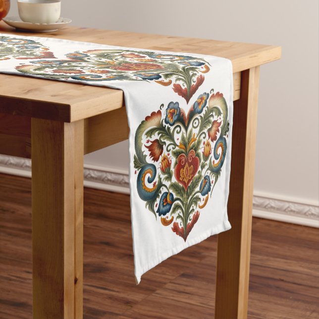 Norwegian Rosemaling Folk Art Heart Long Table Runner (In Situ)