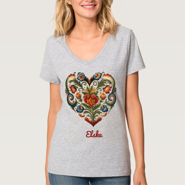 Norwegian Rosemaling Folk Art Heart "Love" T-Shirt (Front)