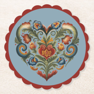 Norwegian Rosemaling Folk Art Heart Paper Coaster