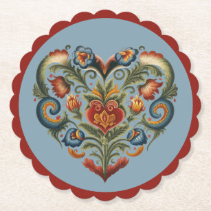 Norwegian Rosemaling Folk Art Heart  Paper Coaster