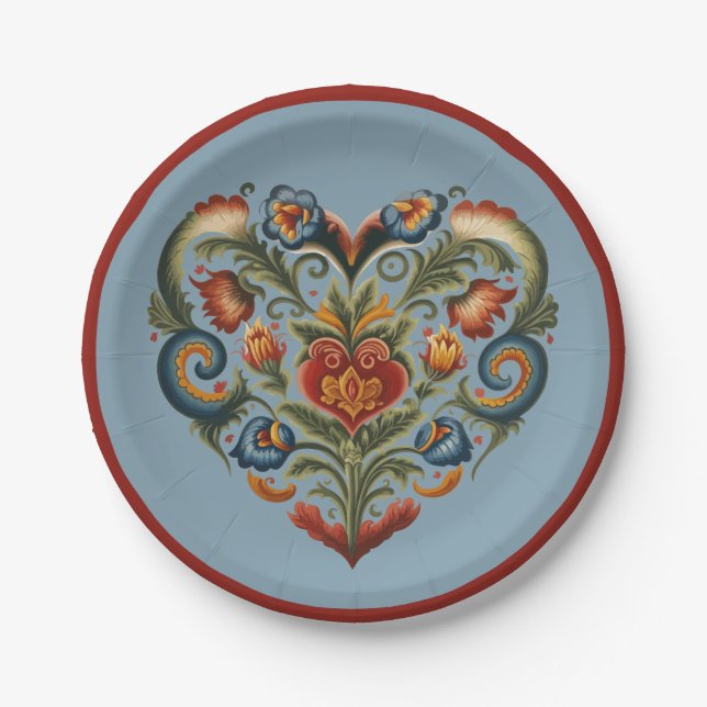 Norwegian Rosemaling Folk Art Heart Paper Plates (Front)