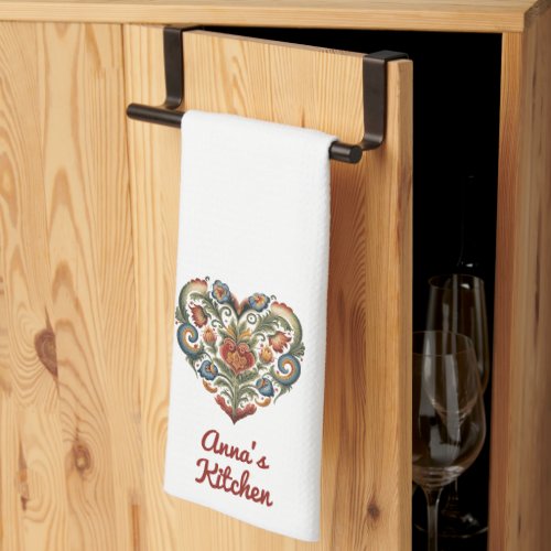 Norwegian Rosemaling Folk Art Heart Personalized   Kitchen Towel