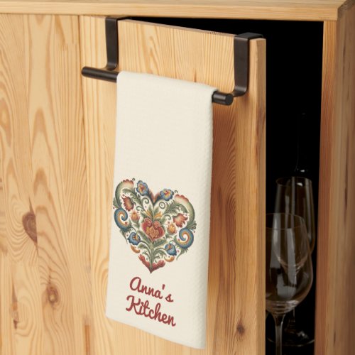 Norwegian Rosemaling Folk Art Heart Personalized  Kitchen Towel