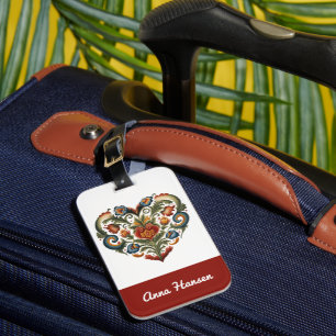Norwegian Rosemaling Folk Art Heart Personalized Luggage Tag