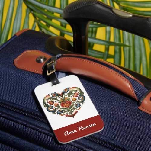 Norwegian Rosemaling Folk Art Heart Personalized  Luggage Tag