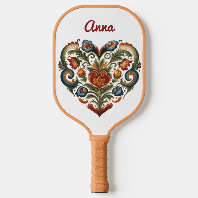 Norwegian Rosemaling Folk Art Heart Personalized  Pickleball Paddle (Front)