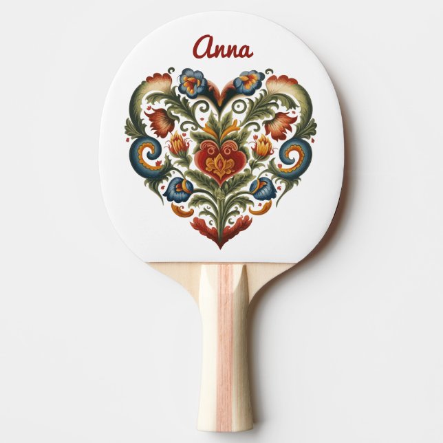 Norwegian Rosemaling Folk Art Heart Personalized  Ping Pong Paddle (Front)