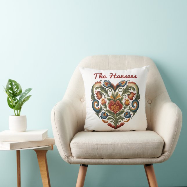 Norwegian Rosemaling Folk Art Heart Personalized  Throw Pillow (Chair)