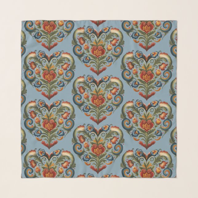 Norwegian Rosemaling Folk Art Heart scarf (Front)