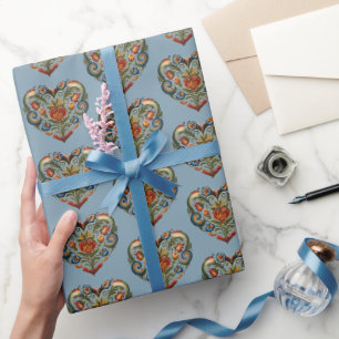 Norwegian Rosemaling Folk Art Heart Sticker Wrappi Wrapping Paper