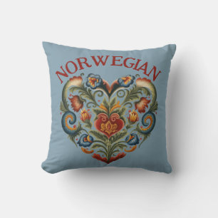 Norwegian Rosemaling Folk Art Heart Throw Pillow