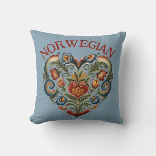 Norwegian Rosemaling Folk Art Heart  Throw Pillow