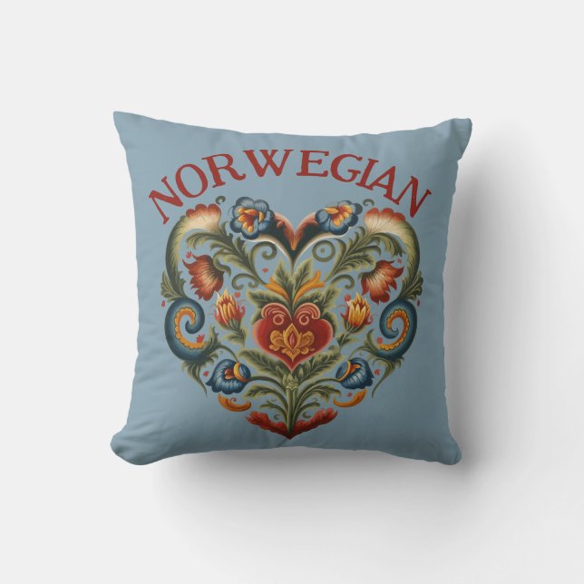 Norwegian Rosemaling Folk Art Heart  Throw Pillow (Front)