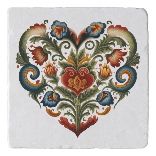 Norwegian Rosemaling Folk Art Heart Trivet (Front)