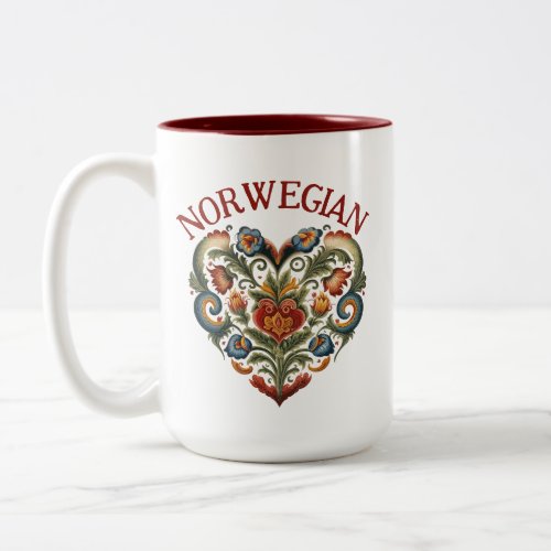 Norwegian Rosemaling Folk Art Heart  Two_Tone Coffee Mug