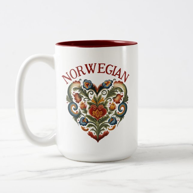 Norwegian Rosemaling Folk Art Heart  Two-Tone Coffee Mug (Left)