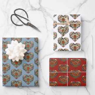 Norwegian Rosemaling Folk Art Heart Wrapping Paper Sheets