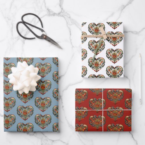 Norwegian Rosemaling Folk Art Heart  Wrapping Paper Sheets