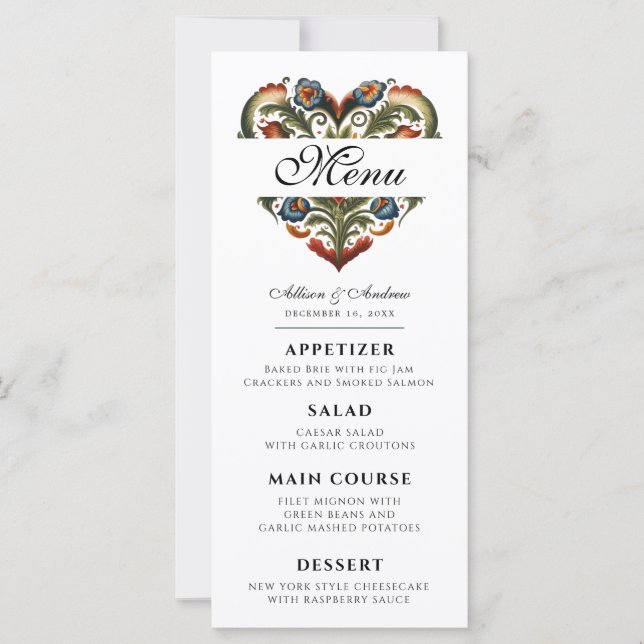 Norwegian Rosemaling Heart Editable Dinner Menu (Front)