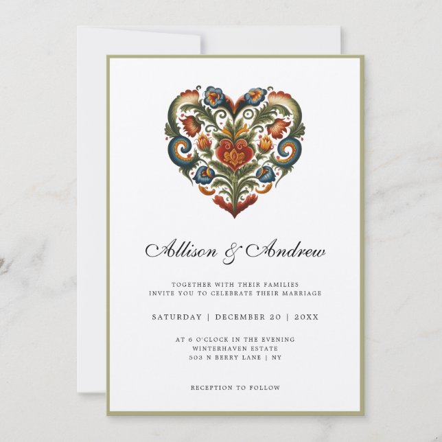 Norwegian Rosemaling Heart | Wedding Invitation (Front)