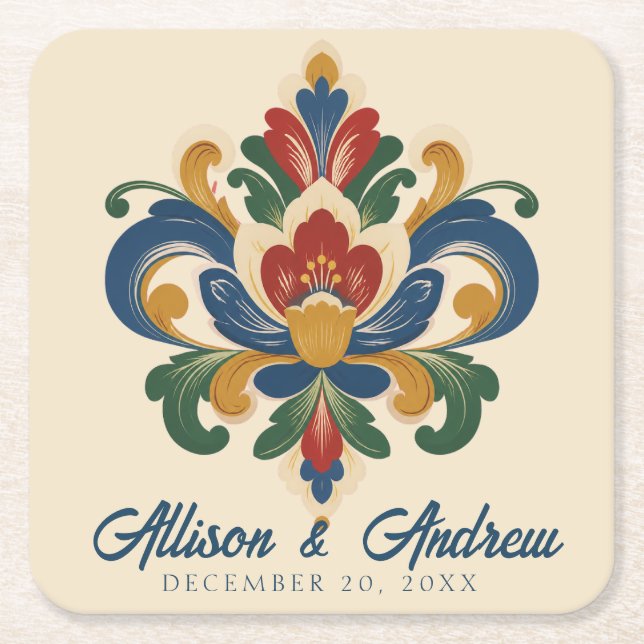 Norwegian Rosemaling Wedding  Square Paper Coaster (Front)