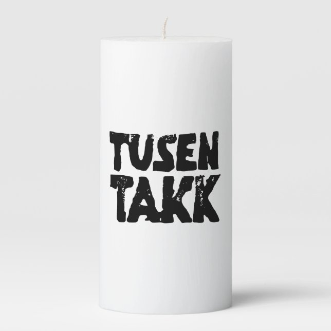 Norwegian "Thank You" Black and White Lino Cut Pillar Candle (Front)