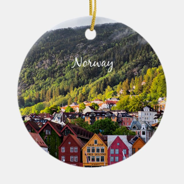 Norwegian town with mountains in the background ceramic ornament (Front)