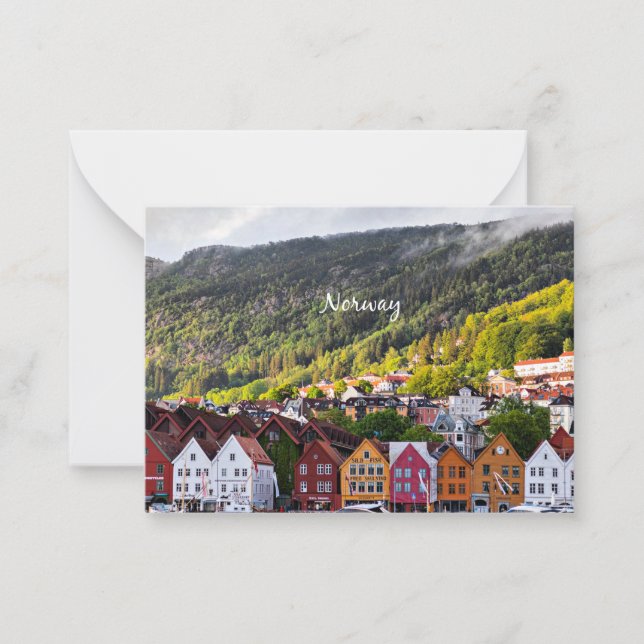 Norwegian town with mountains in the background note card (Front)