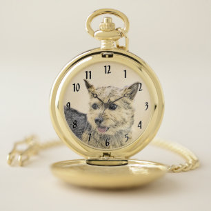 Norwich Terrier Painting - Cute Original Dog Art Pocket Watch