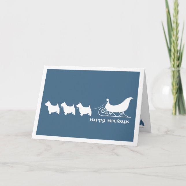 Norwich Terriers Pulling Santa's Sleigh Holiday Card (Front)