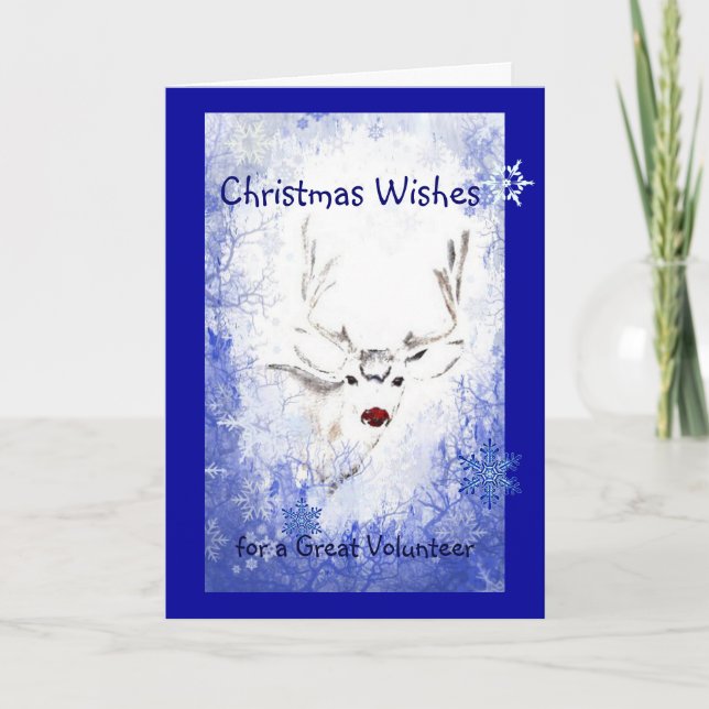 Nose Humor Reindeer, Snowflakes Volunteer Holiday Card (Front)