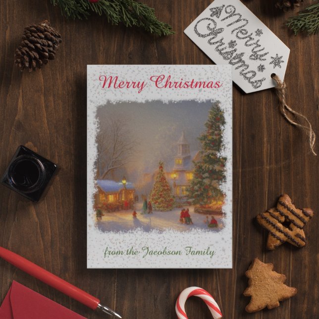 Nostalgia Merry Christmas Trees Village Square Holiday Card (Creator Uploaded)